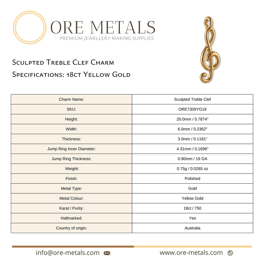 18ct Yellow Gold - Sculpted Treble Clef Charm