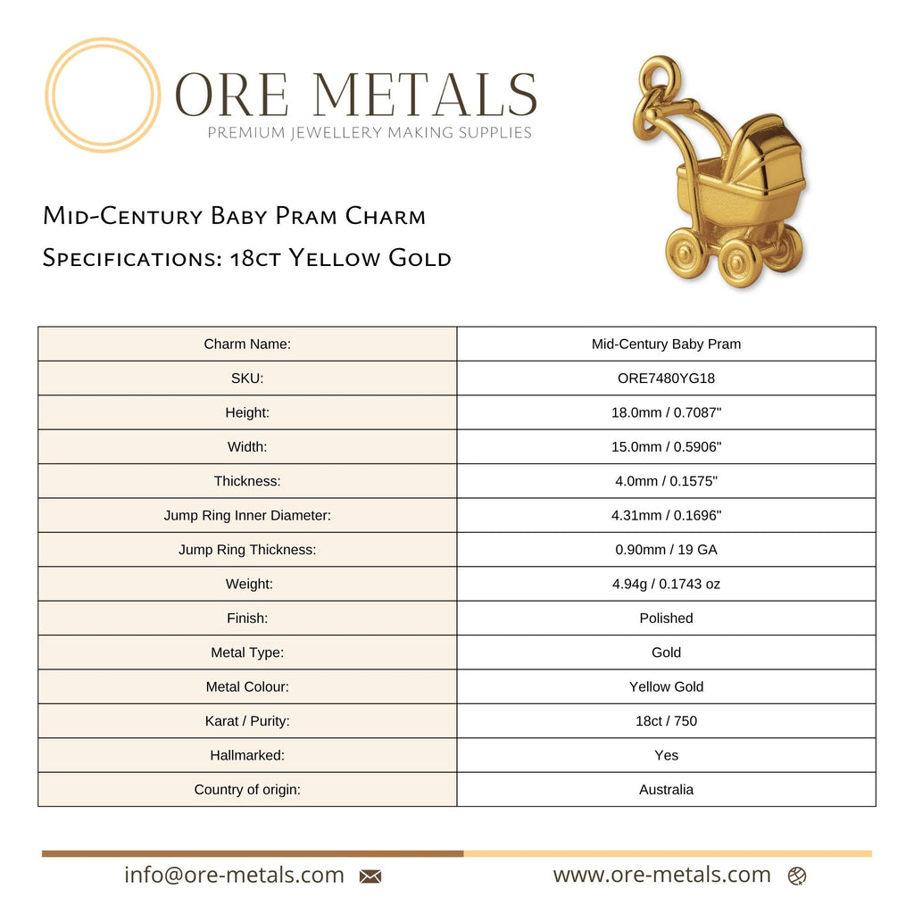 18ct Yellow Gold - Mid–Century Baby Pram Charm