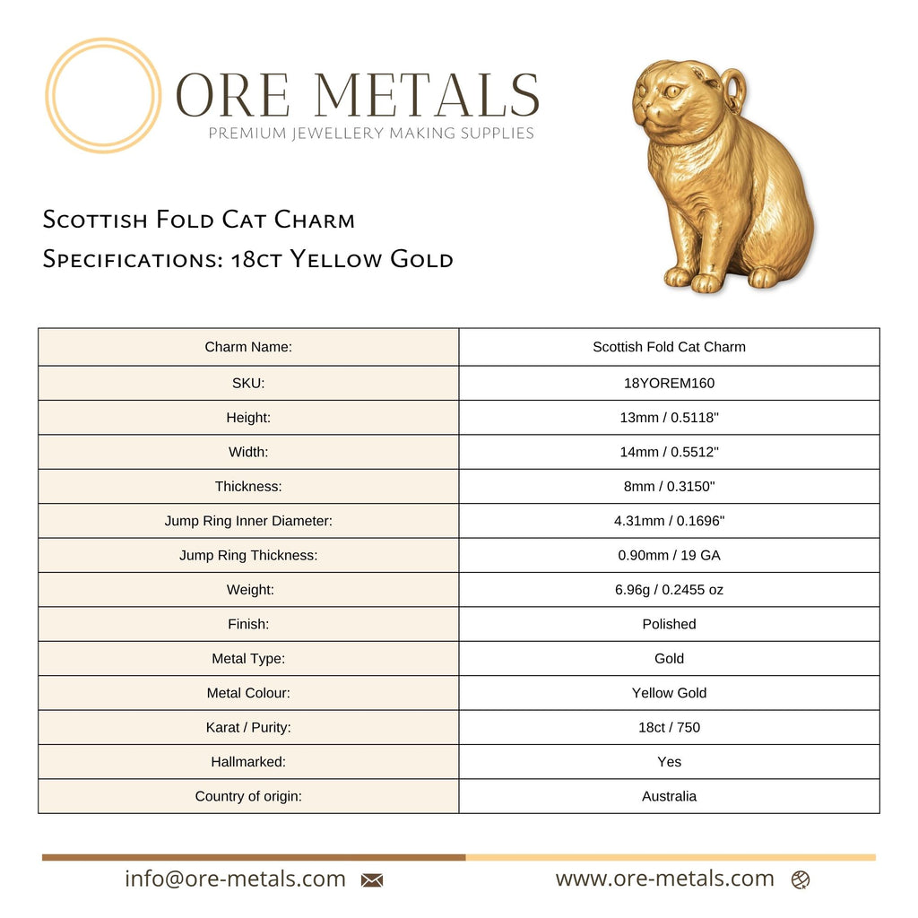 18ct Yellow Gold - Scottish Fold Cat Charm