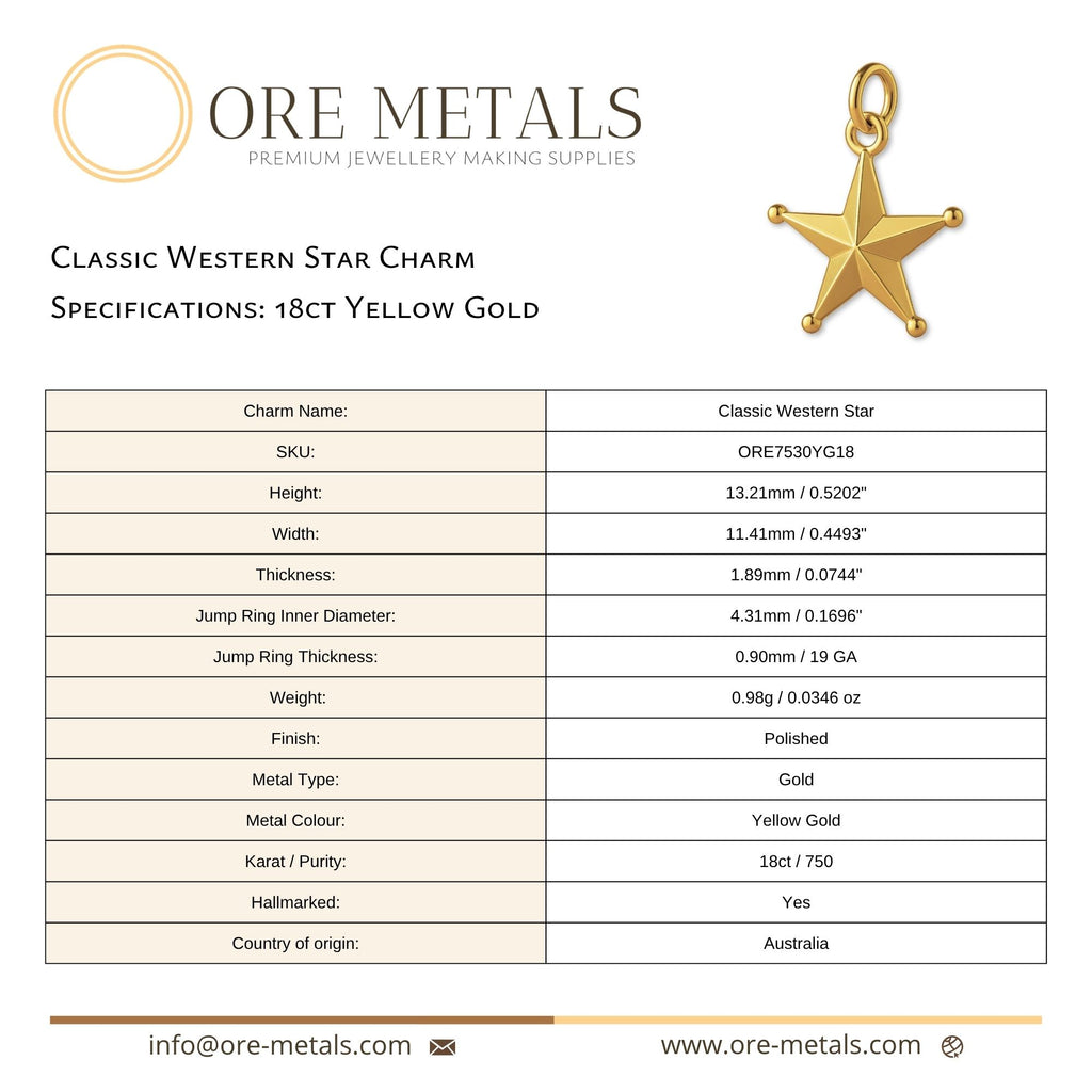 18ct Yellow Gold - Classic Western Star Charm