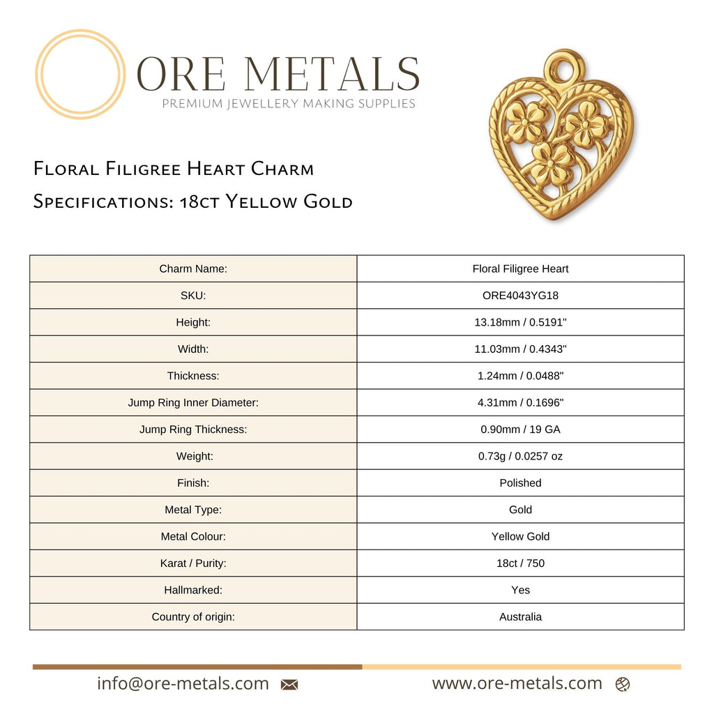 18ct Yellow Gold - Floral Filigree Heart Charm