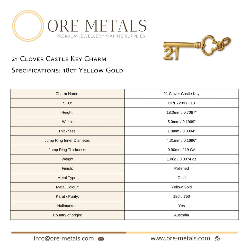 18ct Yellow Gold - 21 Clover Castle Key Charm