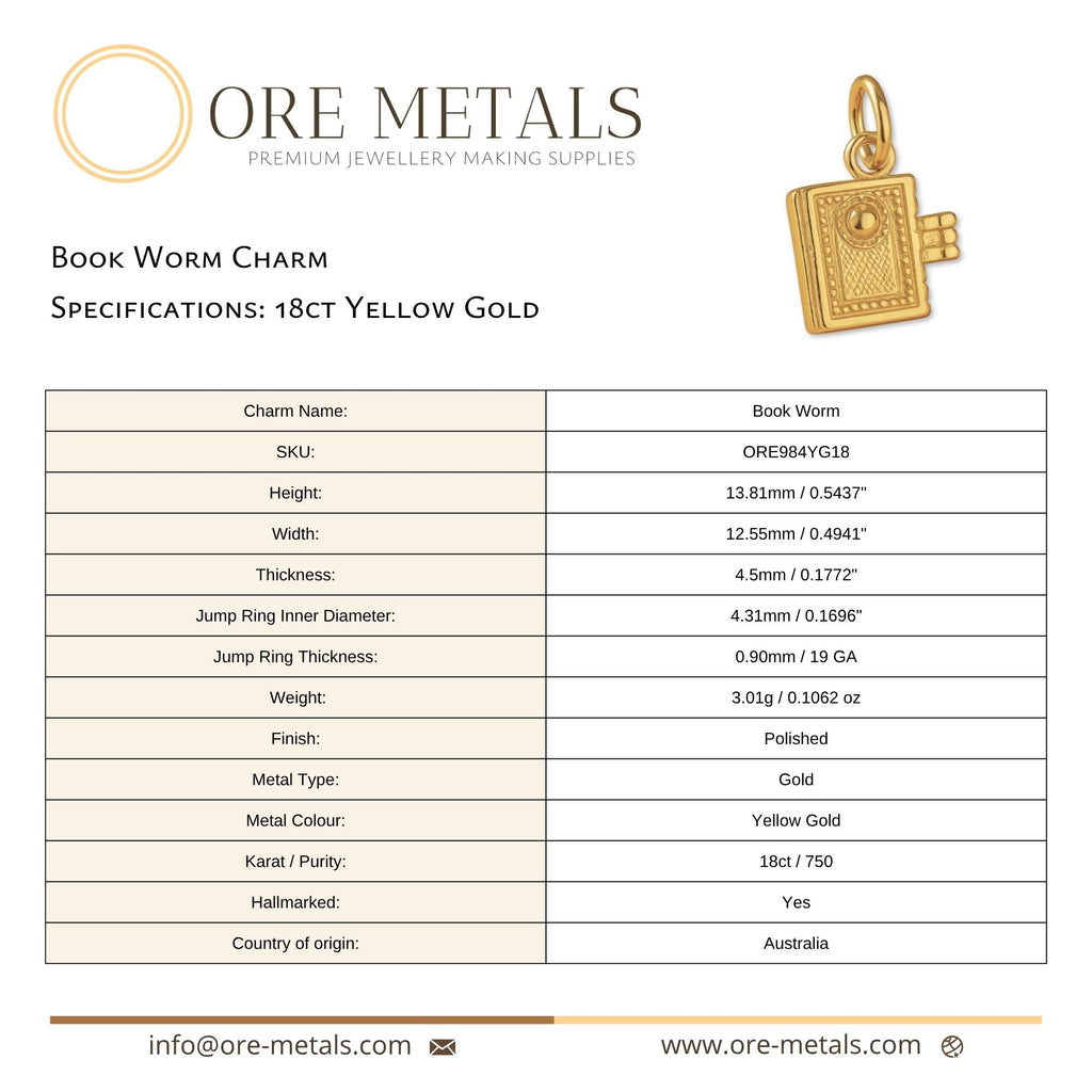 18ct Yellow Gold - Book Worm Charm