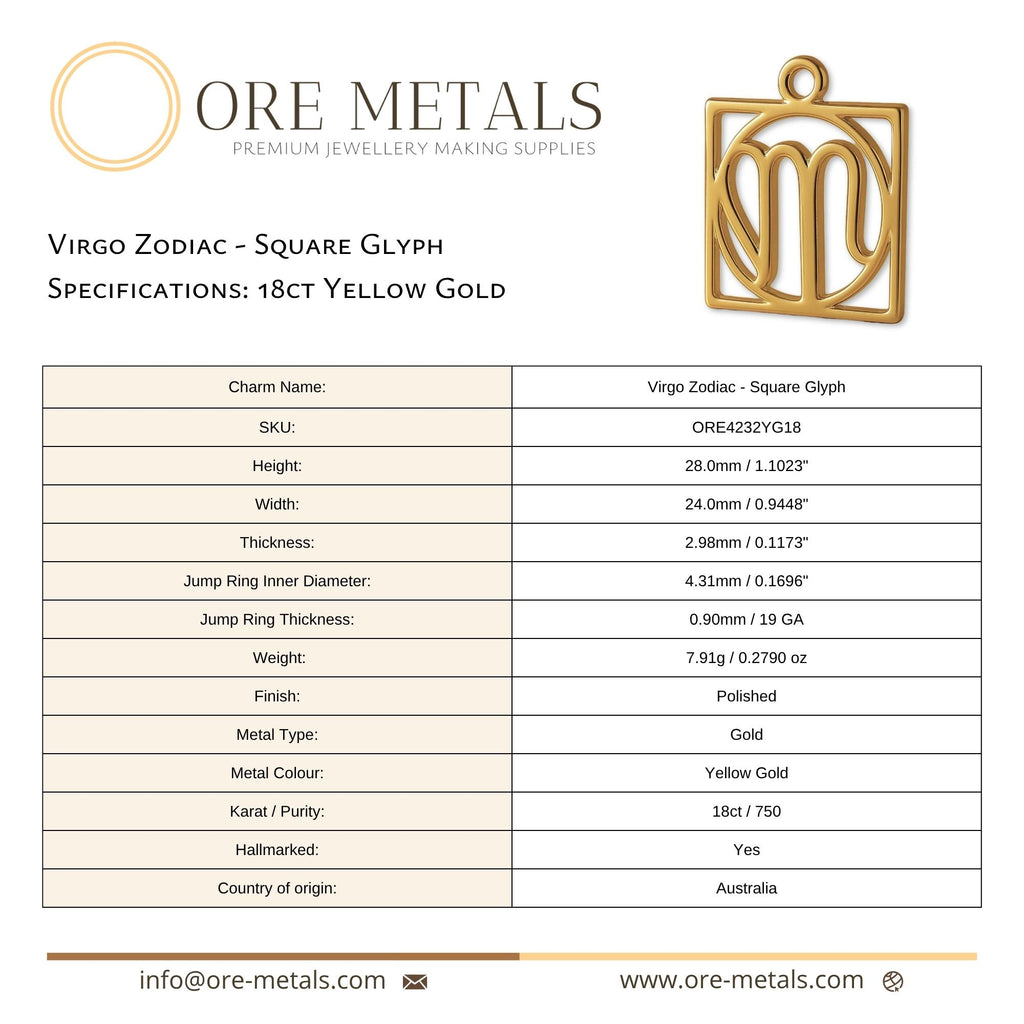 18ct Yellow Gold - Virgo Zodiac Square Charm