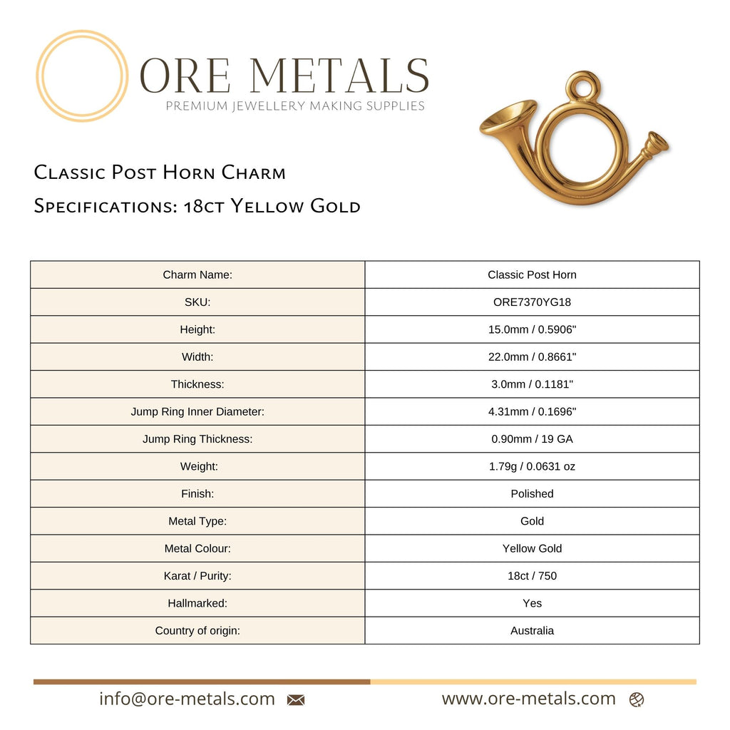 18ct Yellow Gold - Classic Post Horn Charm