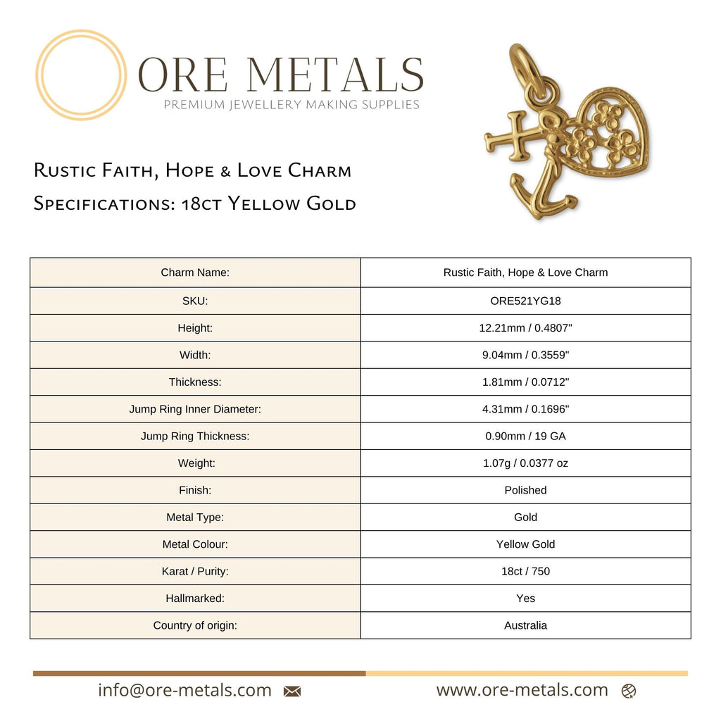18ct Yellow Gold - Rustic Faith, Hope & Love Charm