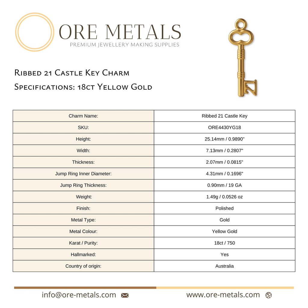 18ct Yellow Gold - Ribbed 21 Castle Key Charm