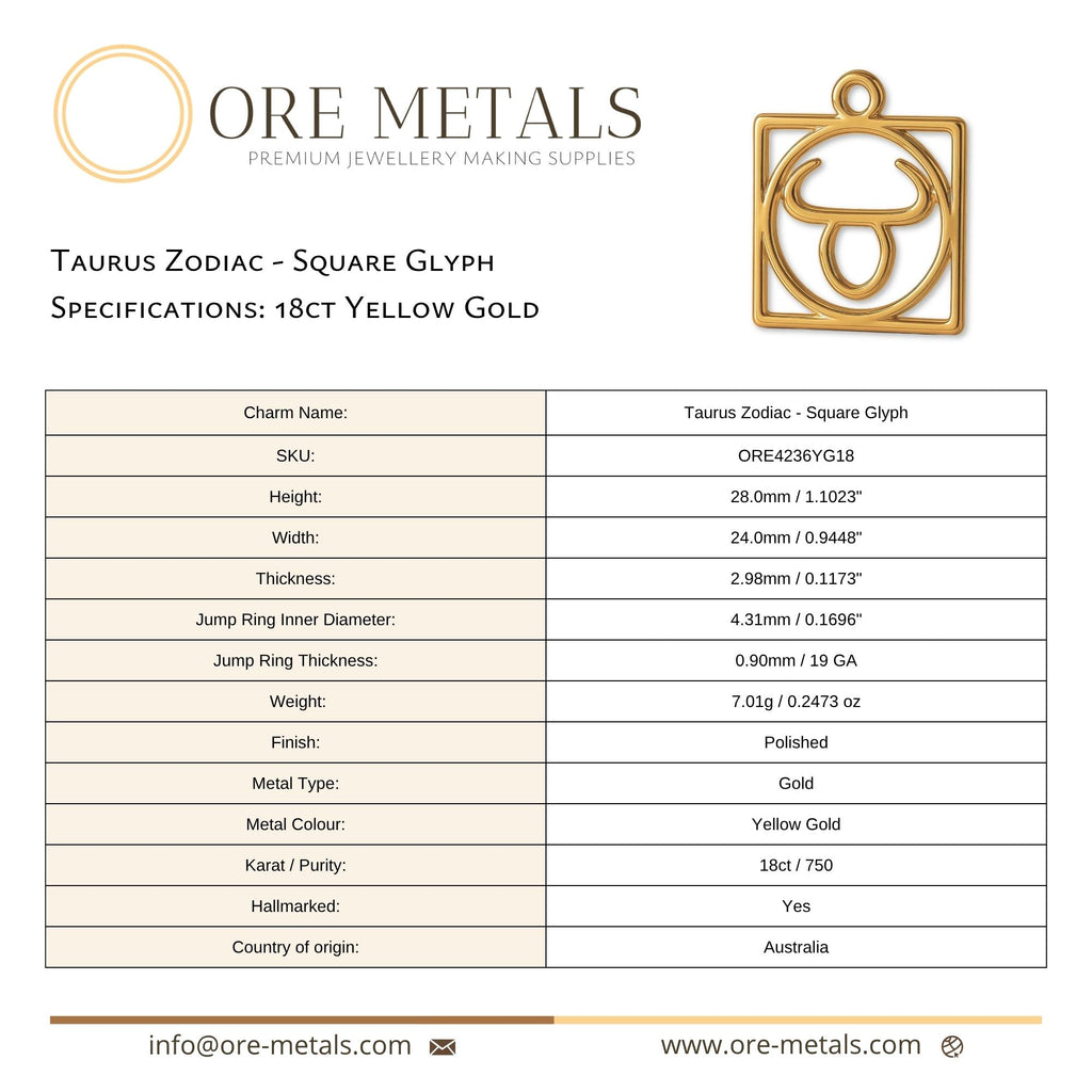 18ct Yellow Gold - Taurus Zodiac Square Charm
