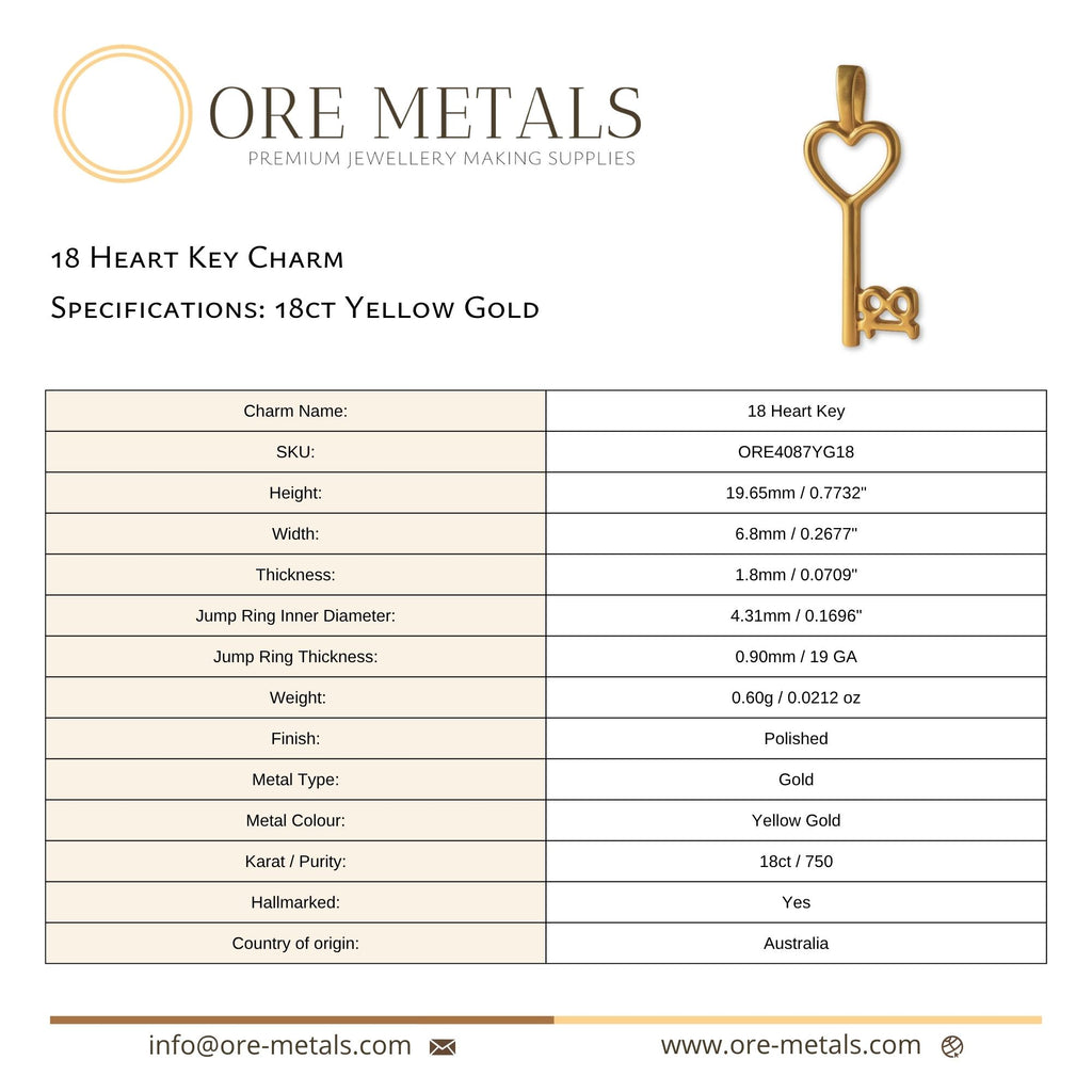 18ct Yellow Gold - 18 Heart Key Charm