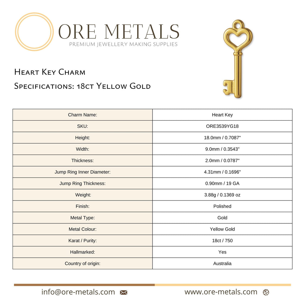 18ct Yellow Gold - Heart Key Charm