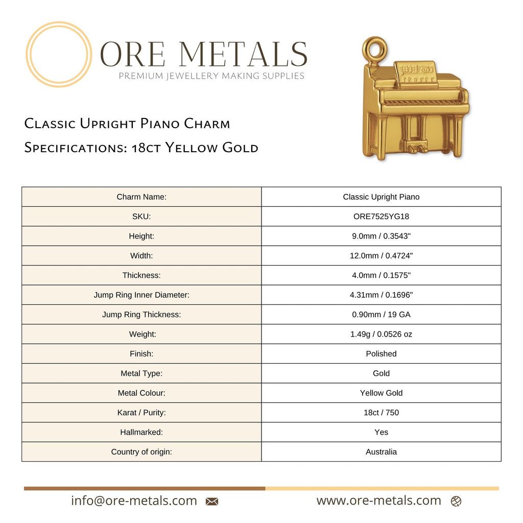 18ct Yellow Gold - Classic Upright Piano Charm