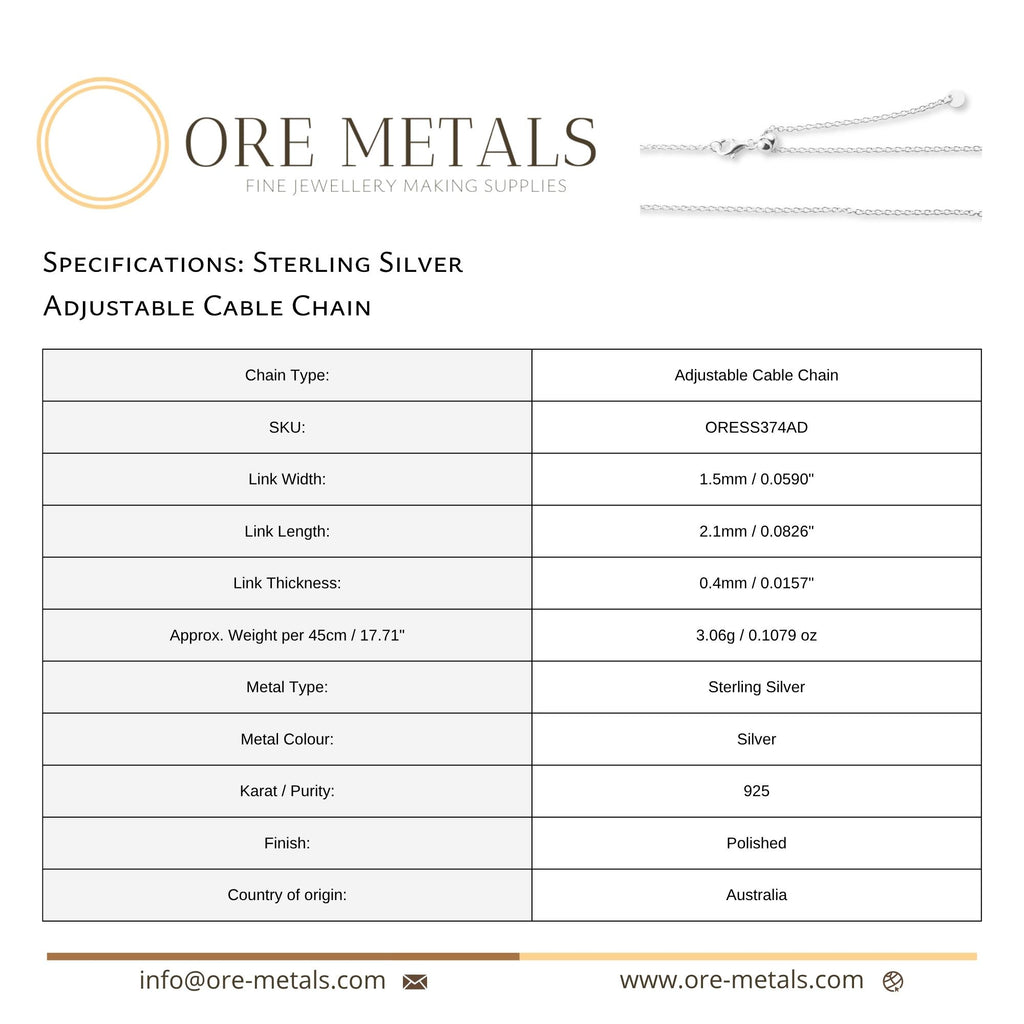 925 Sterling Silver - Adjustable Cable - Necklace Chain