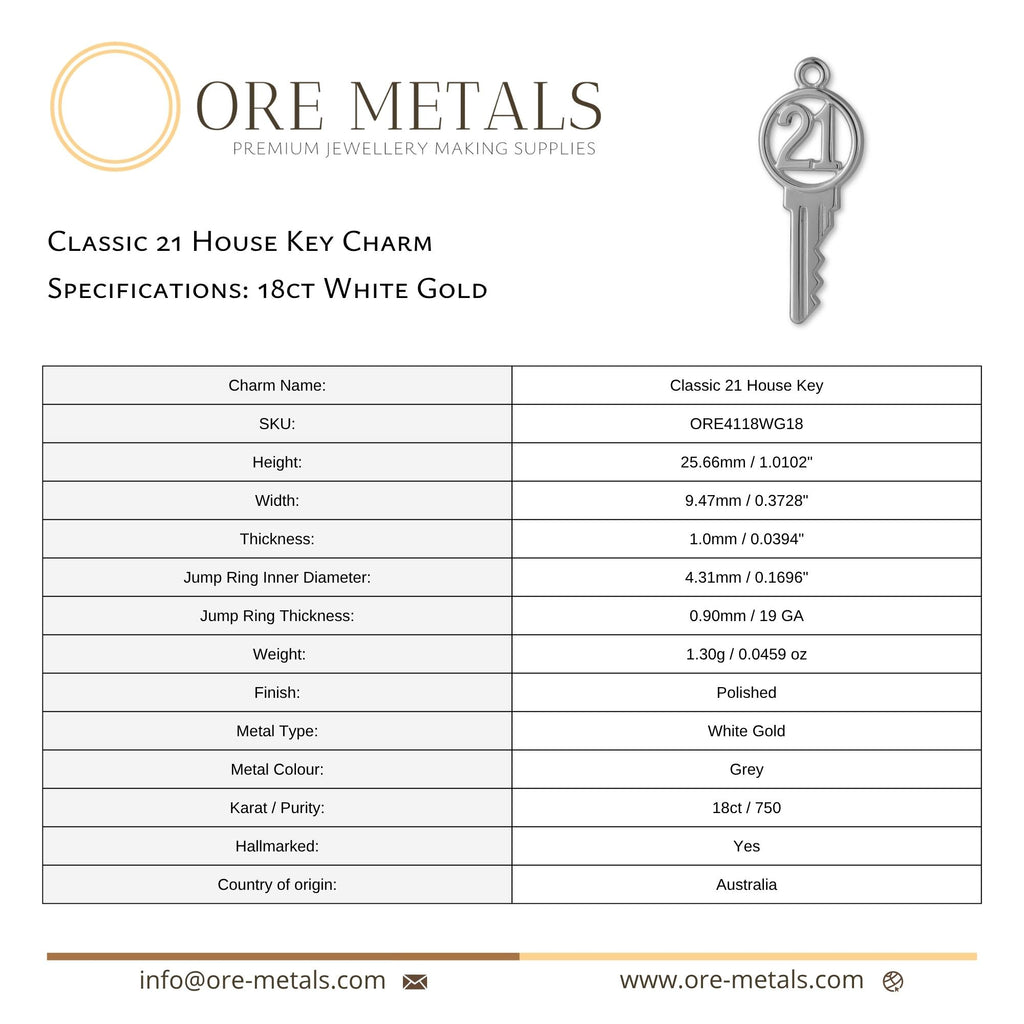 18ct White Gold - Classic 21 House Key Charm