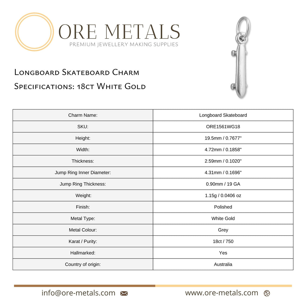 18ct White Gold - Longboard Skateboard Charm