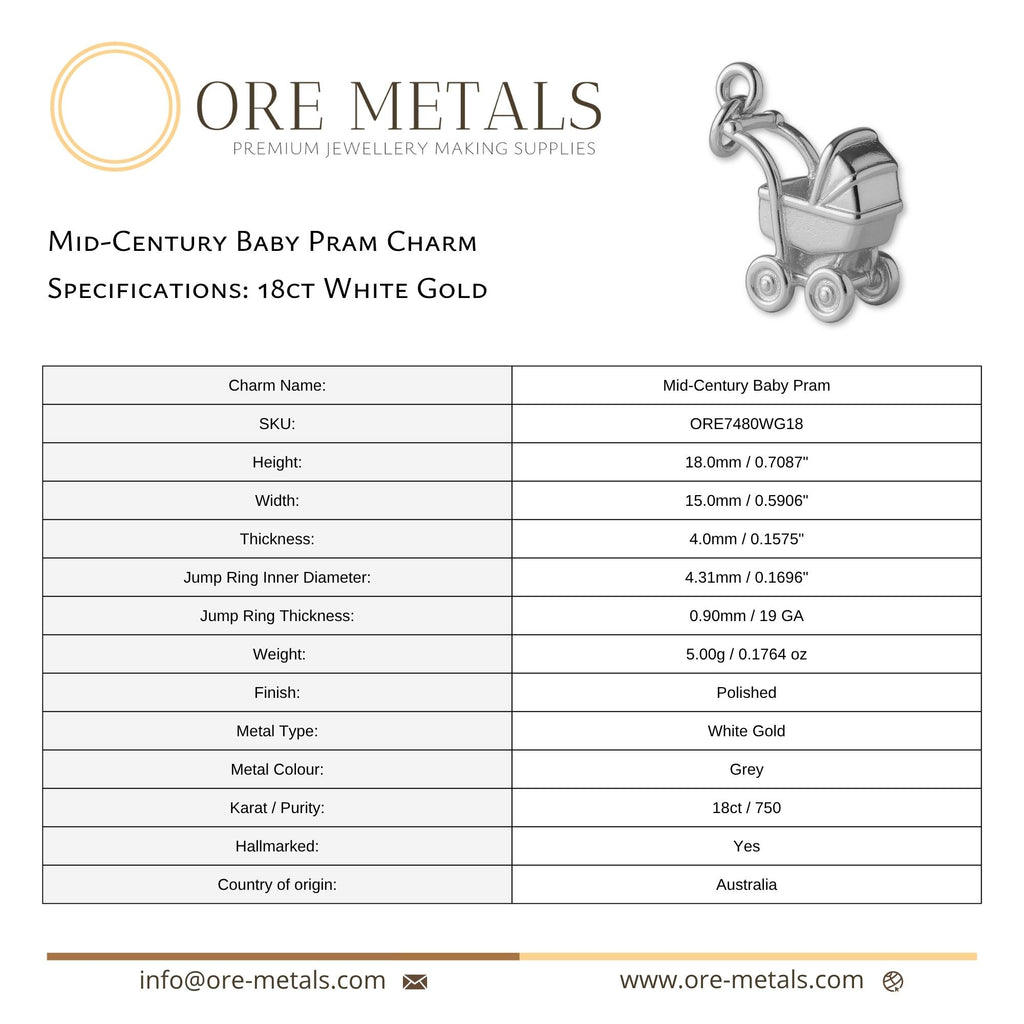 18ct White Gold - Mid–Century Baby Pram Charm