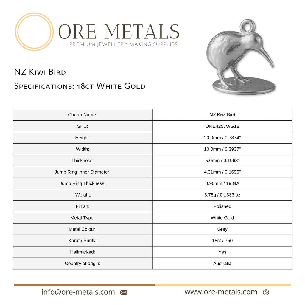 18ct White Gold - NZ Kiwi Bird Charm