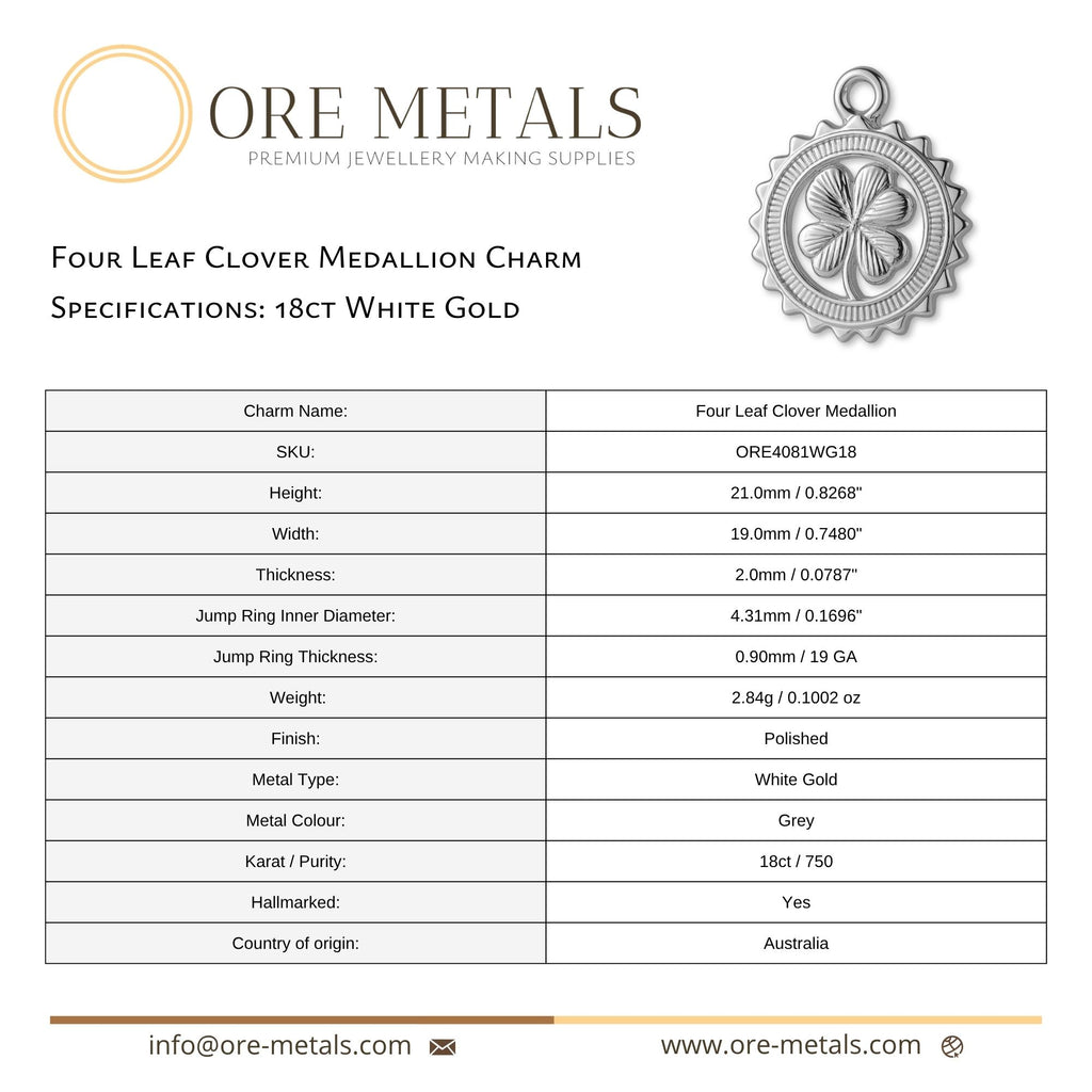 18ct White Gold - Four Leaf Clover Medallion Charm