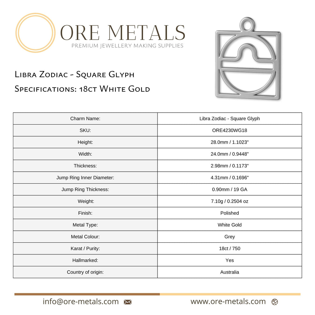 18ct White Gold - Libra Zodiac Square Charm