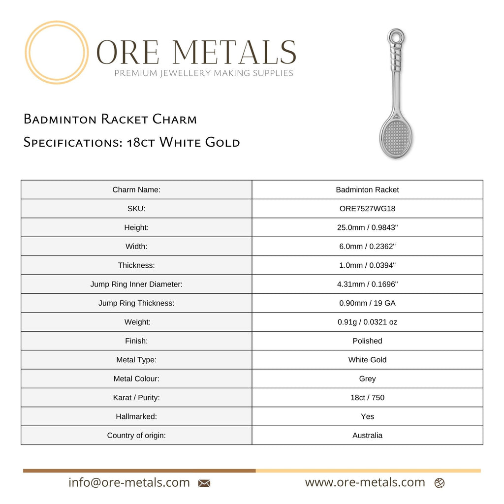 18ct White Gold - Badminton Racket Charm