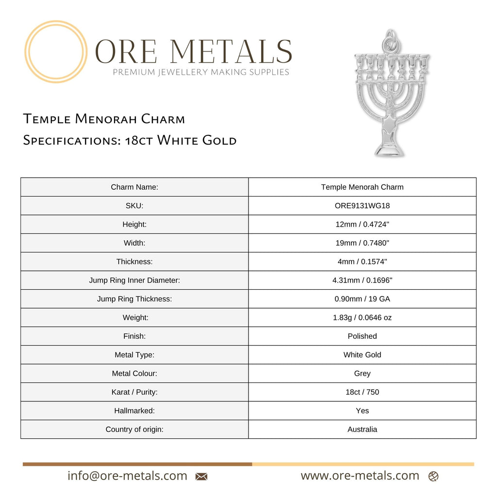 18ct White Gold - Temple Menorah Charm