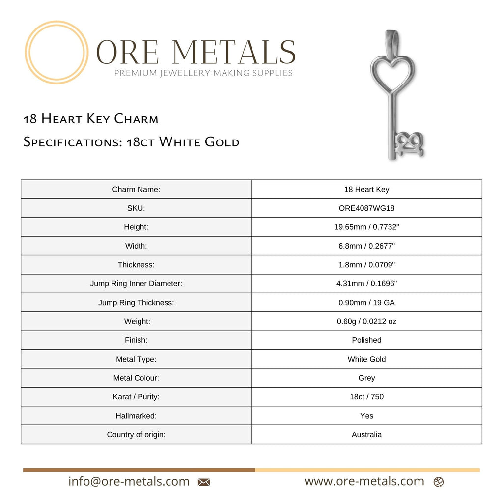 18ct White Gold - 18 Heart Key Charm