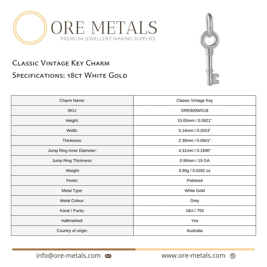 18ct White Gold - Classic Vintage Key Charm