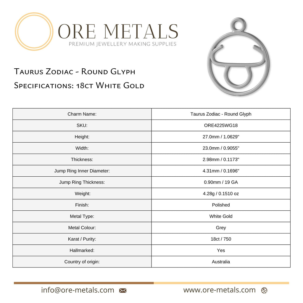 18ct White Gold - Taurus Zodiac Round Charm