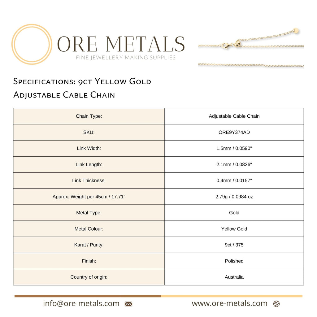 9ct Yellow Gold - Adjustable Cable - Necklace Chain