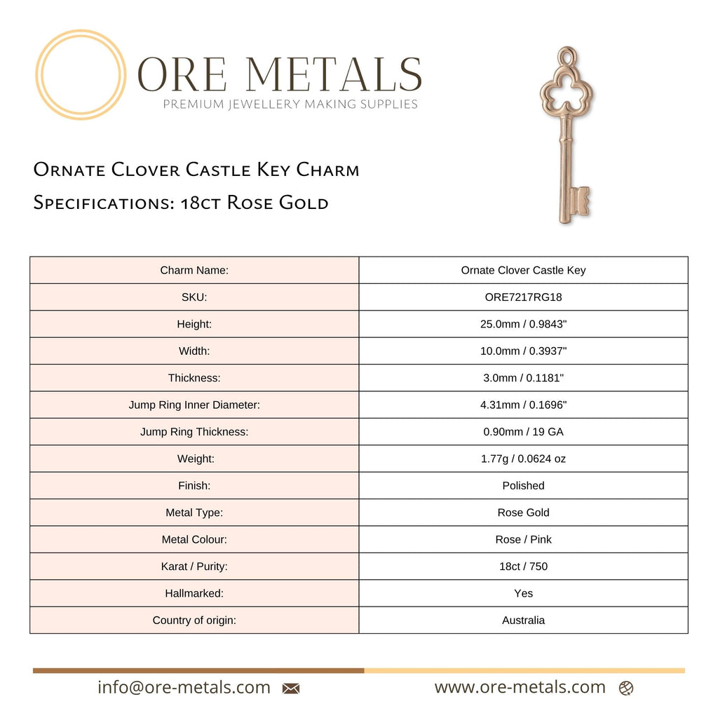 18ct Rose Gold - Ornate Clover Castle Key Charm