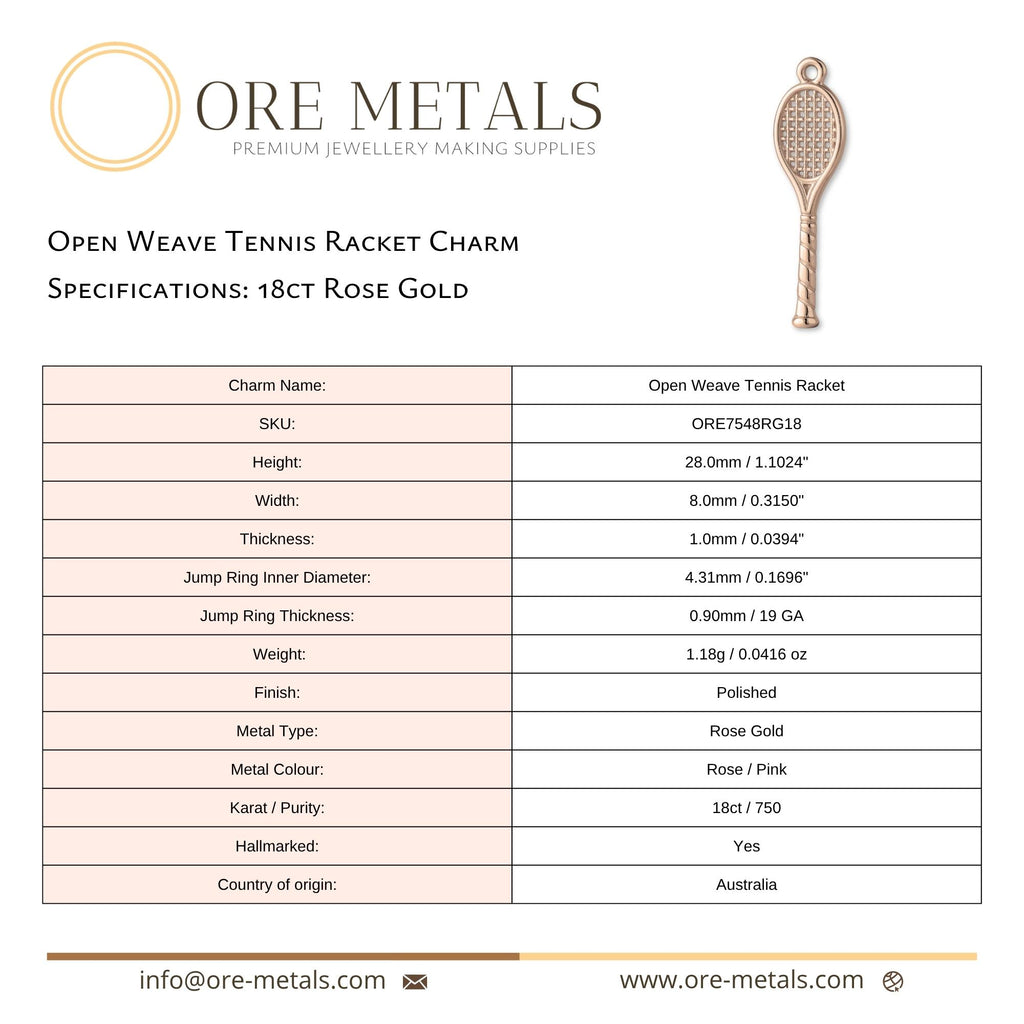 18ct Rose Gold - Open Weave Tennis Racket Charm