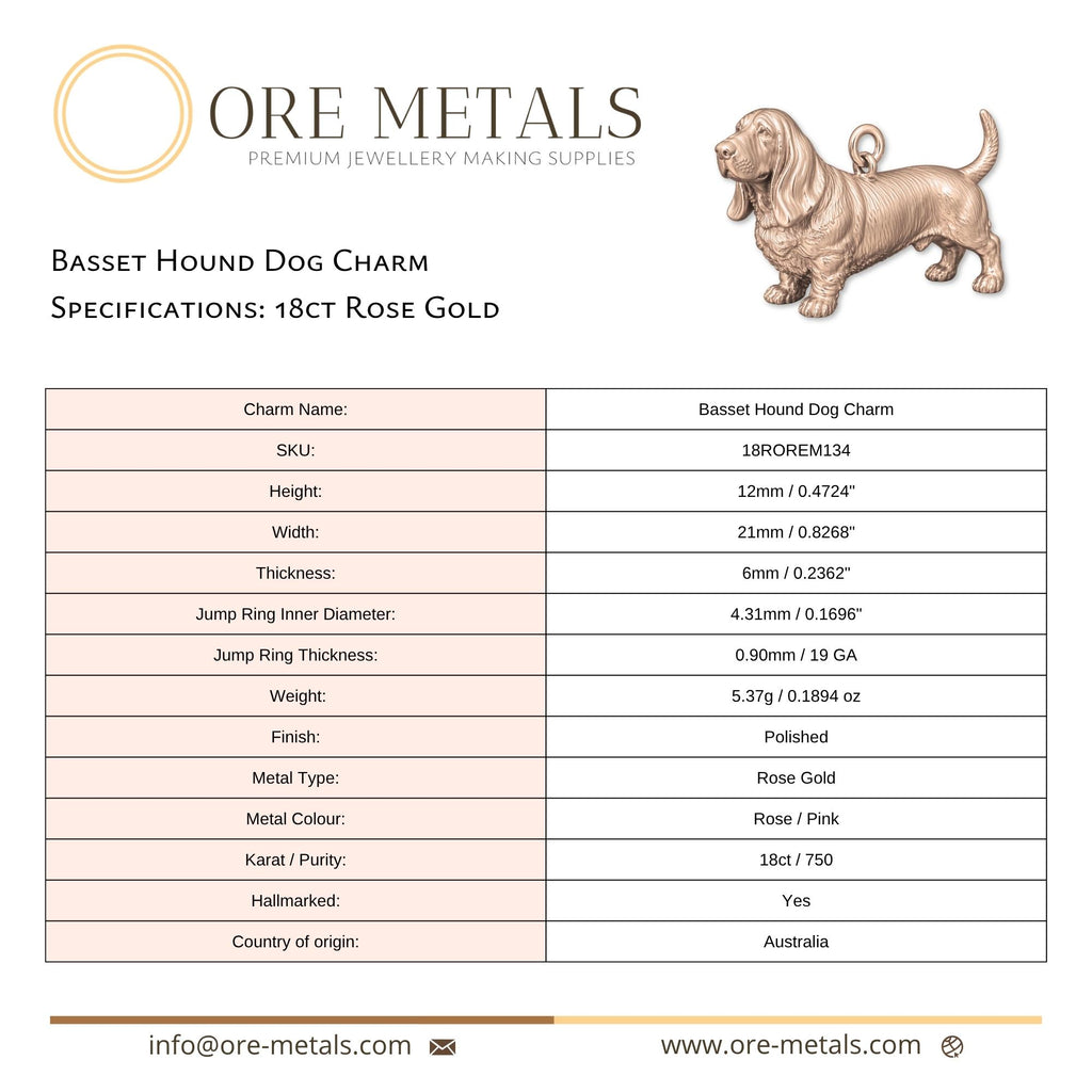 18ct Rose Gold - Basset Hound Dog Charm