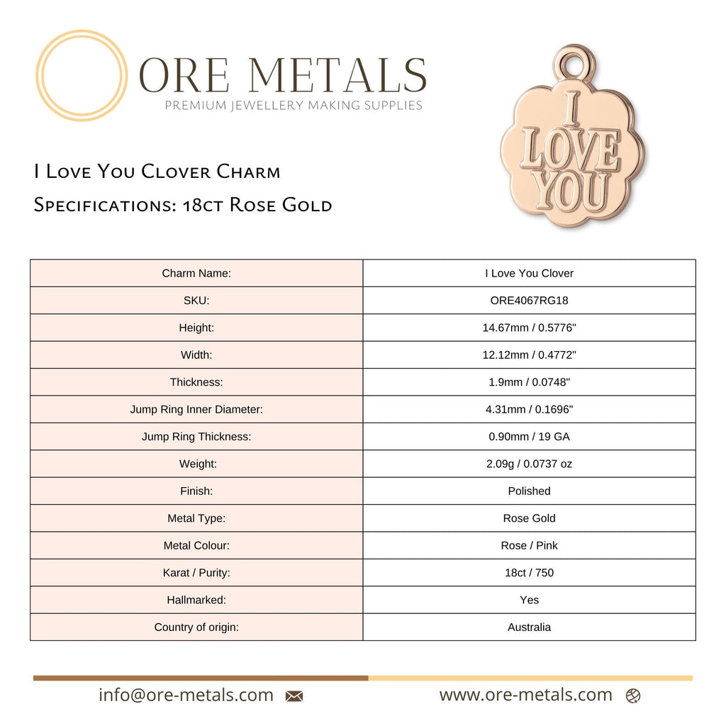 18ct Rose Gold - I Love You Clover Charm