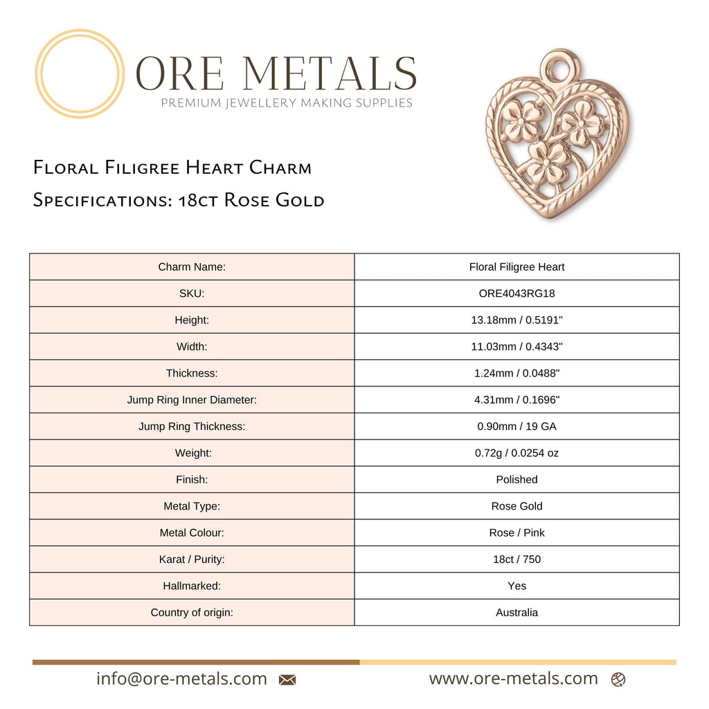 18ct Rose Gold - Floral Filigree Heart Charm