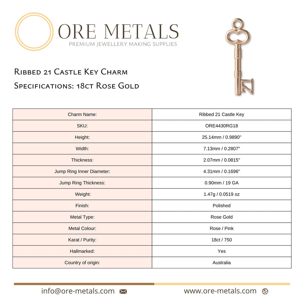 18ct Rose Gold - Ribbed 21 Castle Key Charm