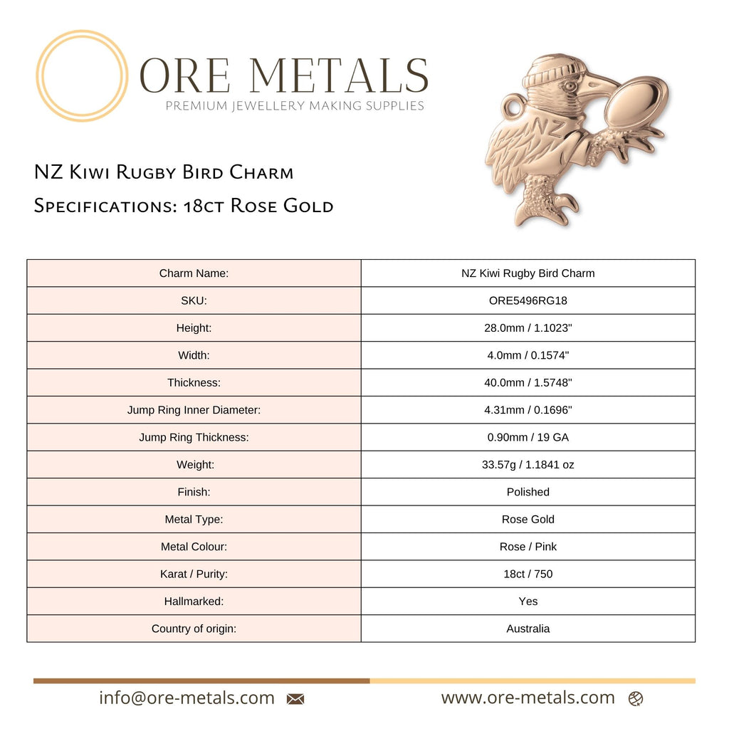 18ct Rose Gold - NZ Kiwi Rugby Bird Charm