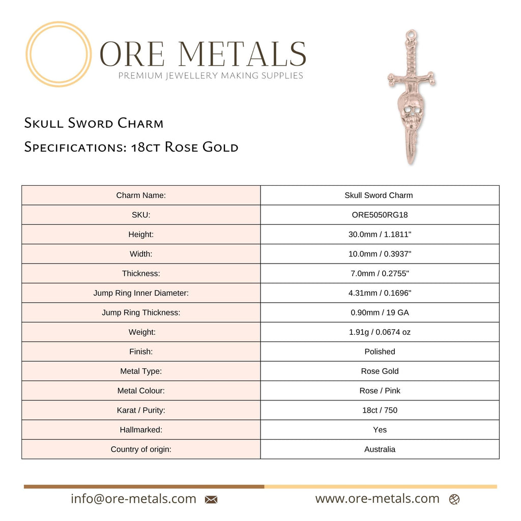 18ct Rose Gold - Skull Sword Charm