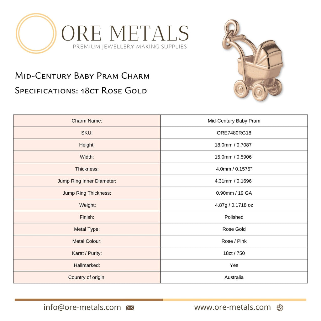 18ct Rose Gold - Mid–Century Baby Pram Charm