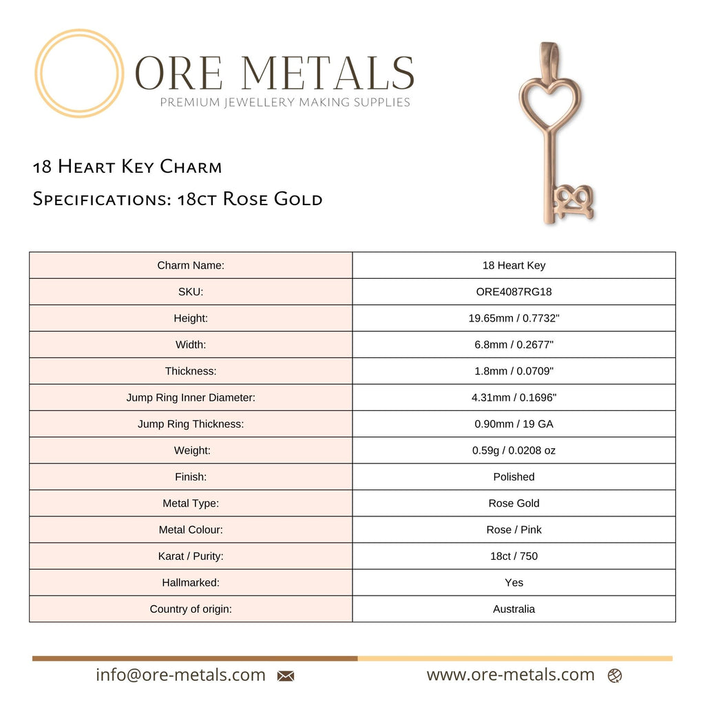 18ct Rose Gold - 18 Heart Key Charm