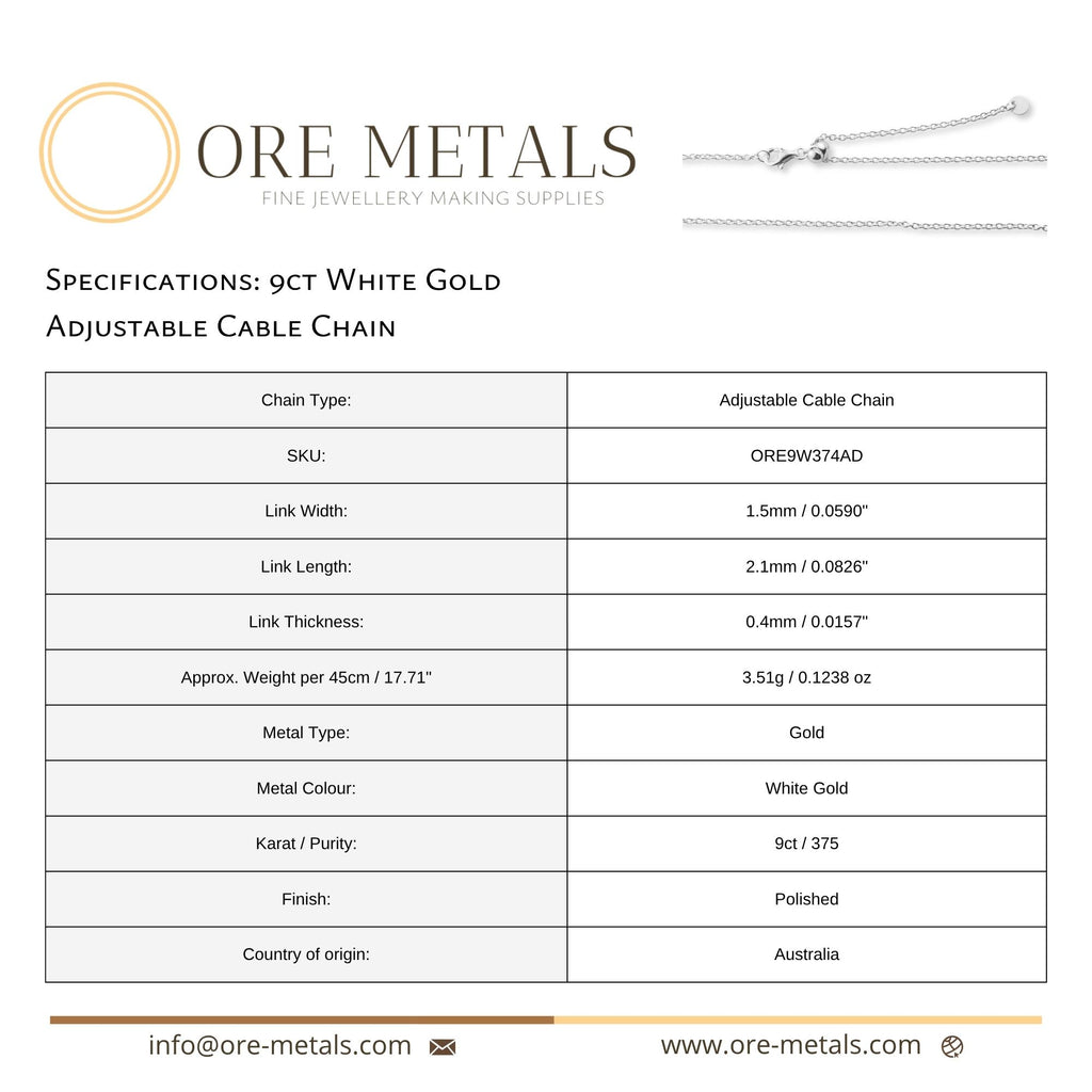 9ct White Gold - Adjustable Cable - Necklace Chain