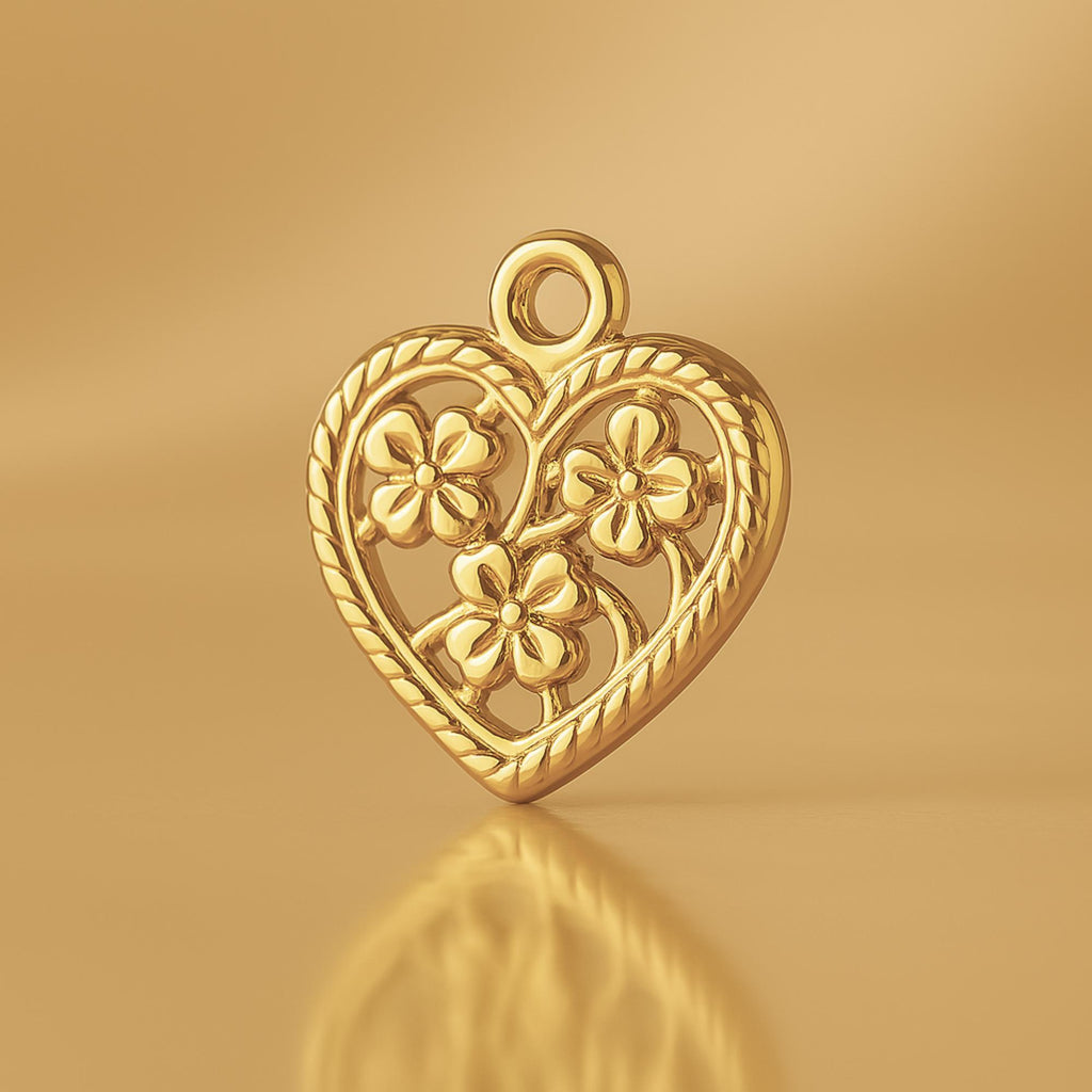 18ct Yellow Gold - Floral Filigree Heart Charm