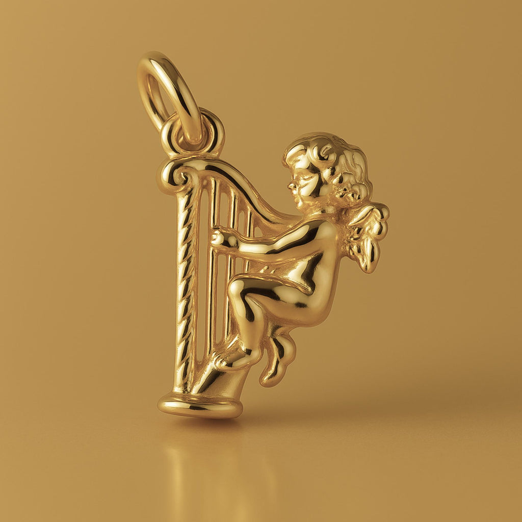 18ct Yellow Gold - Angel Playing Harp Charm