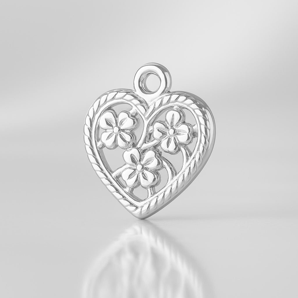 925 Sterling Silver - Floral Filigree Heart Charm