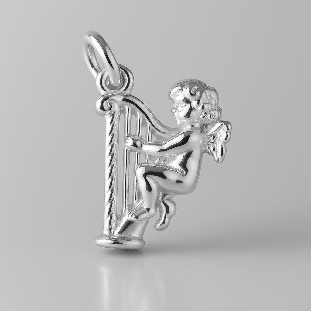 999 Pure Silver - Angel Playing Harp Charm