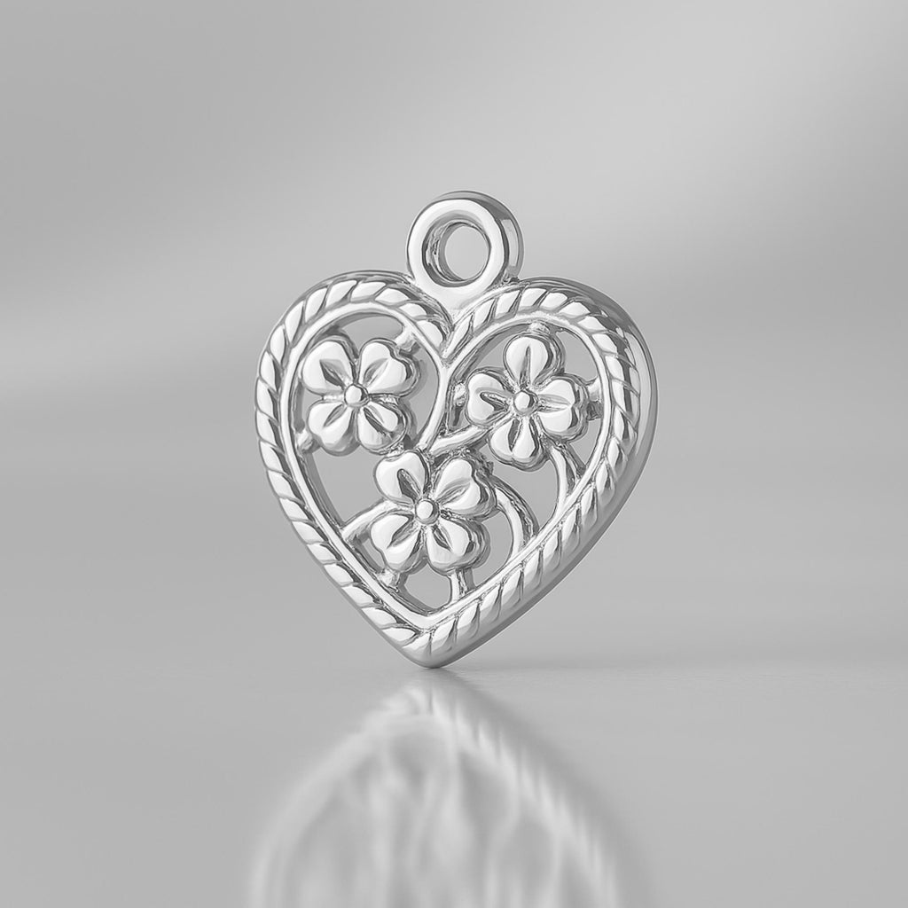 9ct White Gold - Floral Filigree Heart Charm