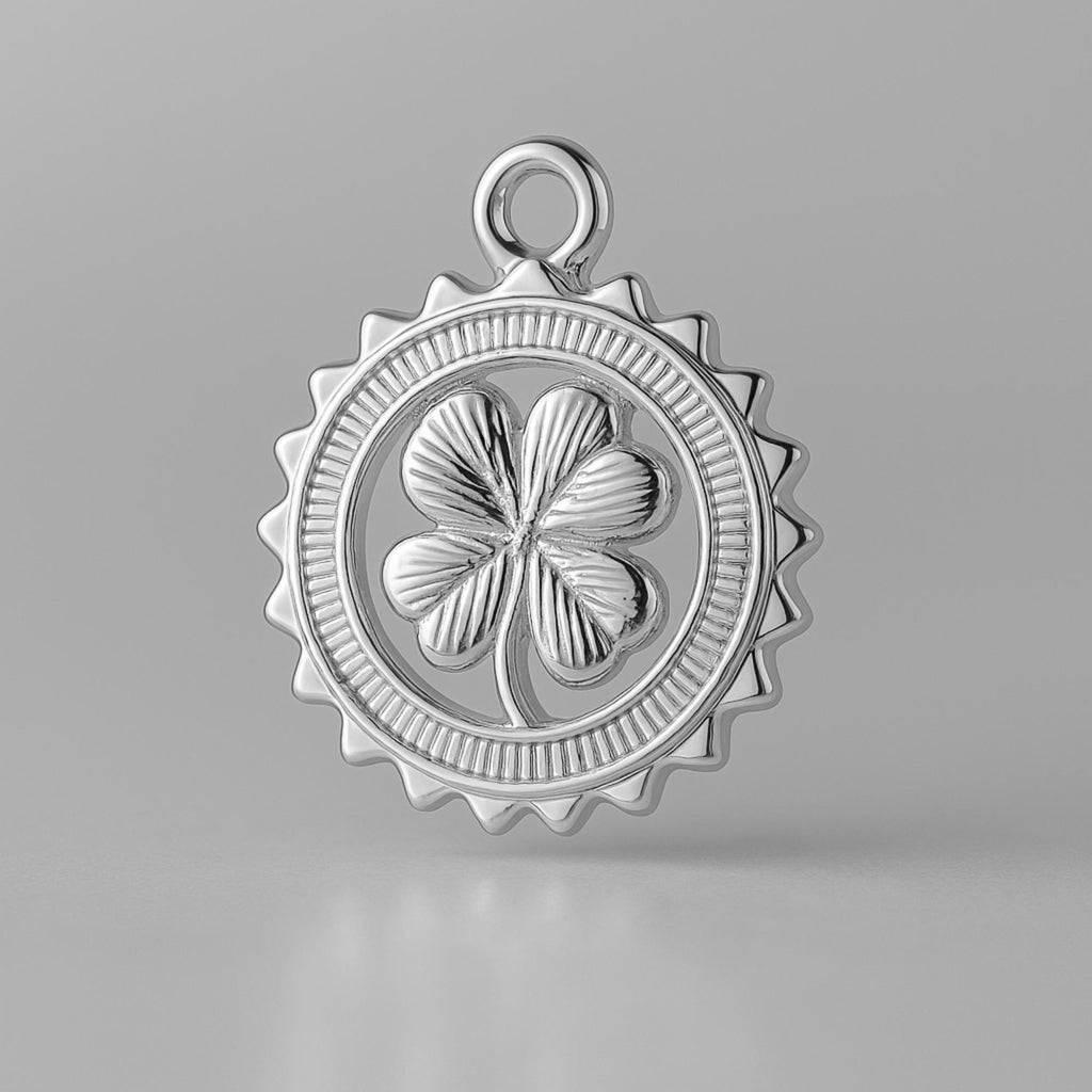 9ct White Gold - Four Leaf Clover Medallion Charm