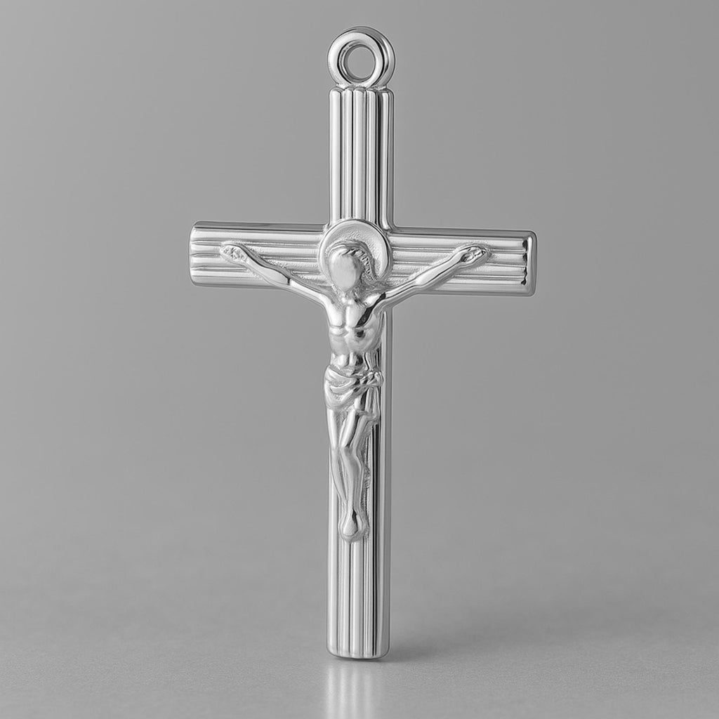 18ct White Gold - Jesus on Ribbed Crucifix Charm