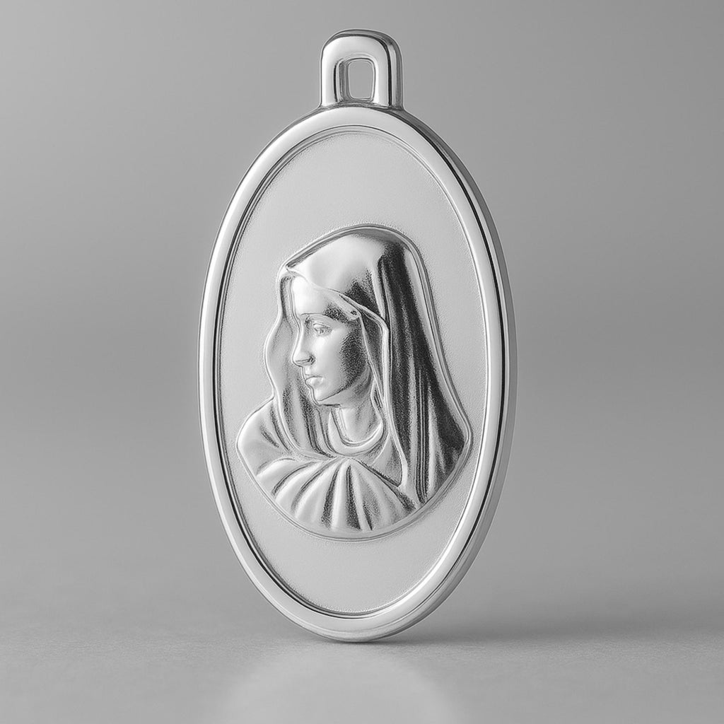 18ct White Gold - Oval Virgin Mary Amulet Charm