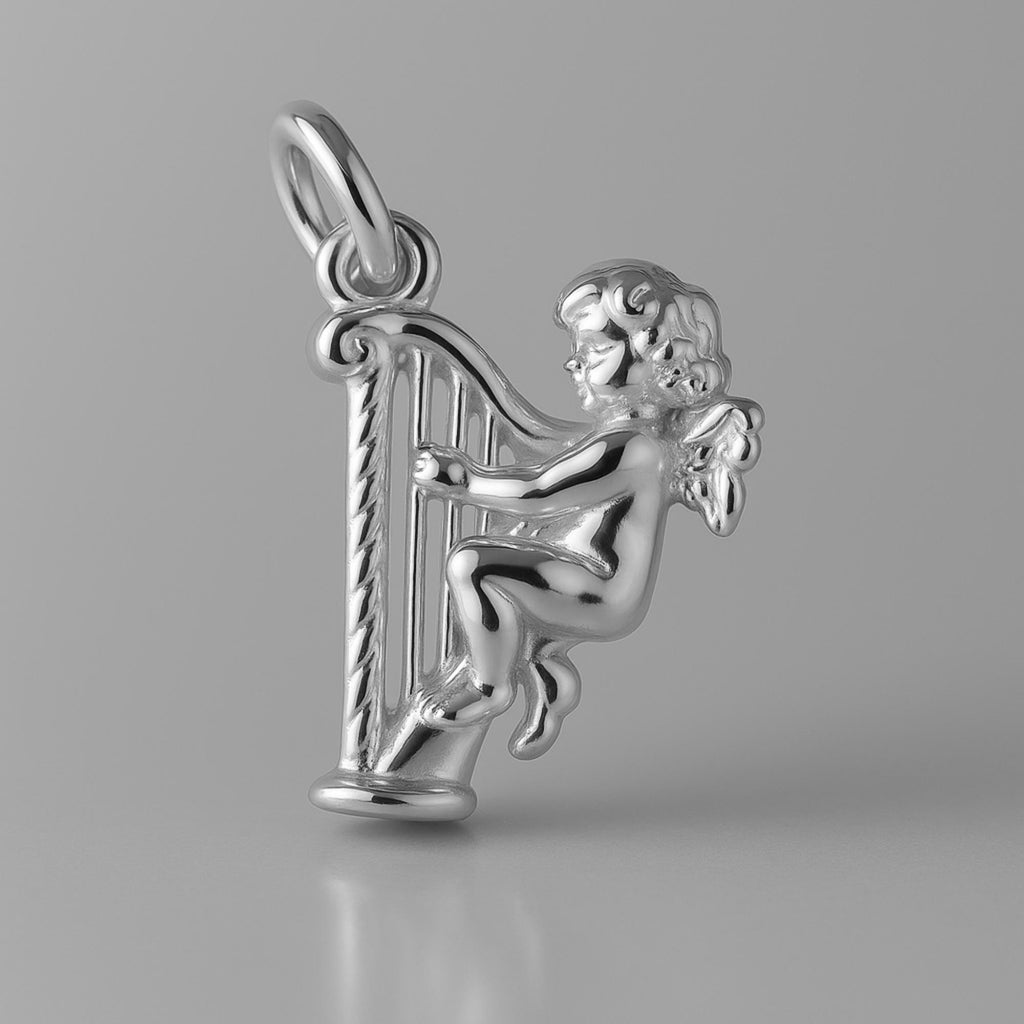 9ct White Gold - Angel Playing Harp Charm