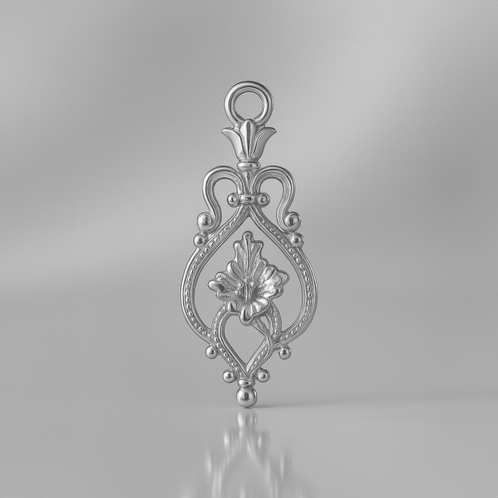 18ct White Gold - Floral Filigree Crest Charm