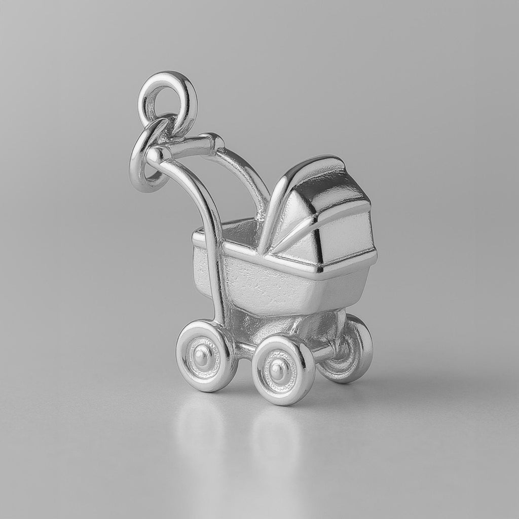 9ct White Gold - Mid–Century Baby Pram Charm